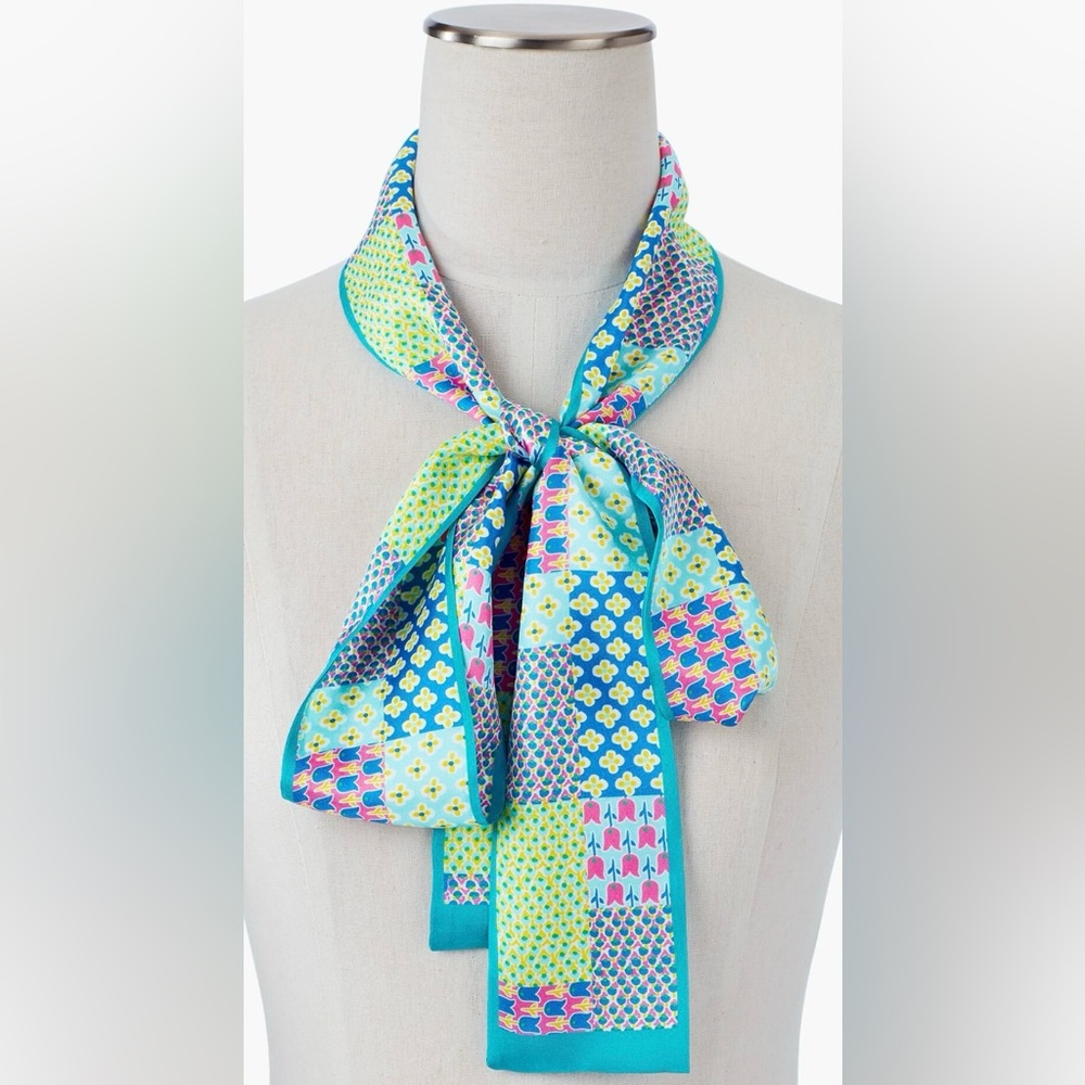 Talbots sash 100% Silk Scarf Pink Blue Green NWT floral island patchwork belt